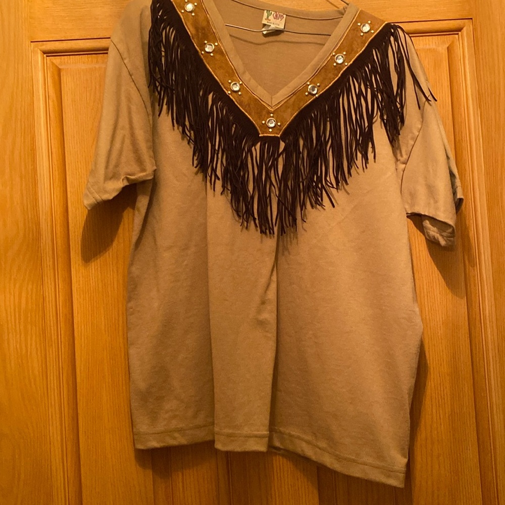 Western style  fringe, suede and rhinestone short sleeve shirt. New.